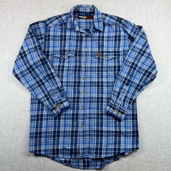 Wrangler Riggs Workwear Flannel Shirt Men L Blue Plaid Button Up Work Heavy - Picture 2 of 9